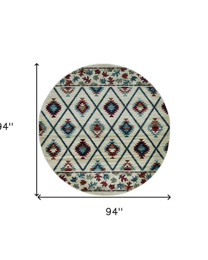 8' Ivory Blue And Red Geometric Round Rug