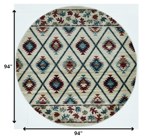 8' Ivory Blue And Red Geometric Round Rug