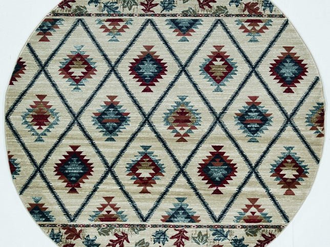 8' Ivory Blue And Red Geometric Round Rug