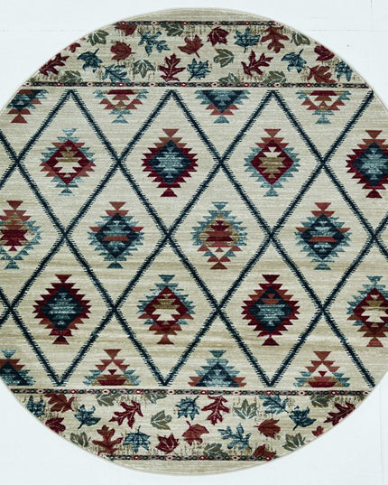 8' Ivory Blue And Red Geometric Round Rug