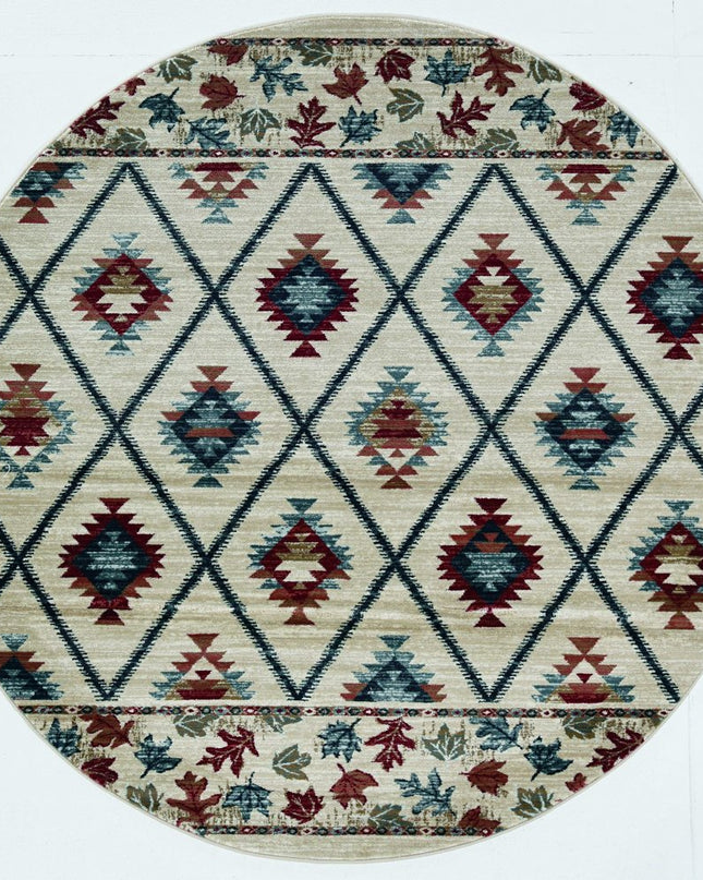 8' Ivory Blue And Red Geometric Round Rug