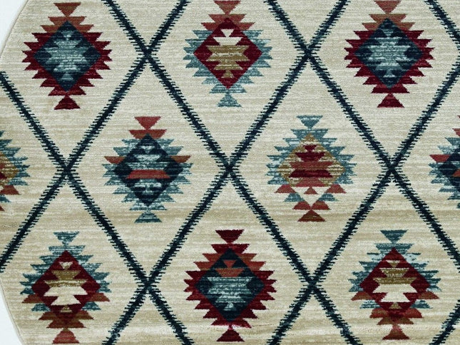 8' Ivory Blue And Red Geometric Round Rug