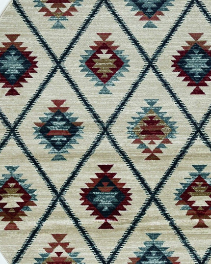 8' Ivory Blue And Red Geometric Round Rug