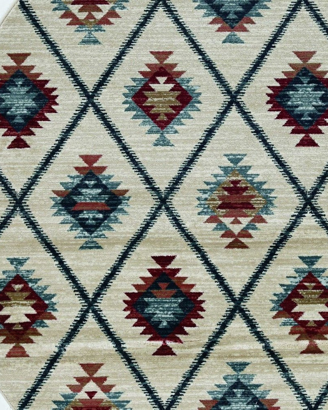 8' Ivory Blue And Red Geometric Round Rug
