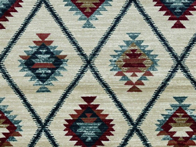 8' Ivory Blue And Red Geometric Round Rug