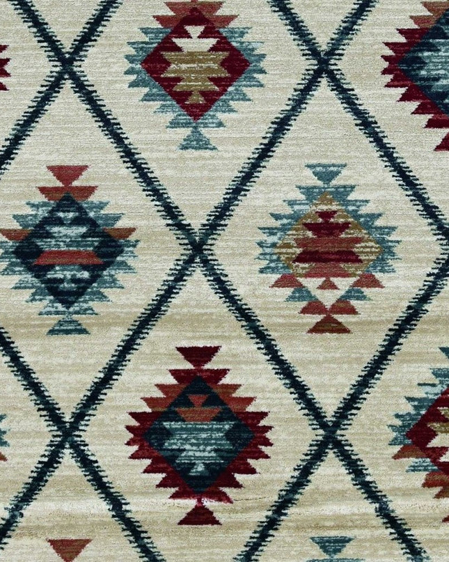 8' Ivory Blue And Red Geometric Round Rug