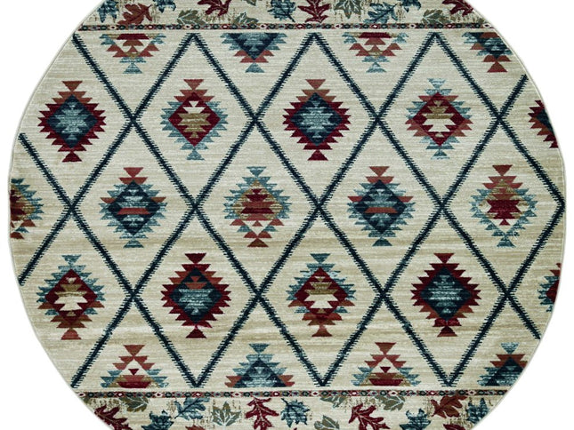8' Ivory Blue And Red Geometric Round Rug