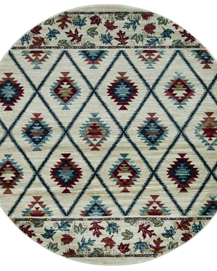 8' Ivory Blue And Red Geometric Round Rug