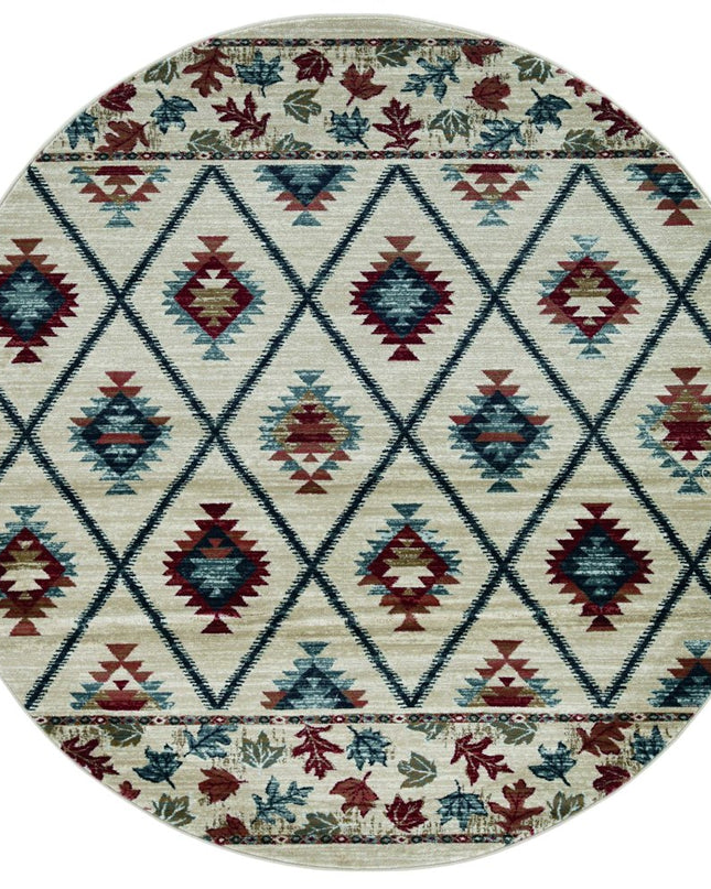 8' Ivory Blue And Red Geometric Round Rug