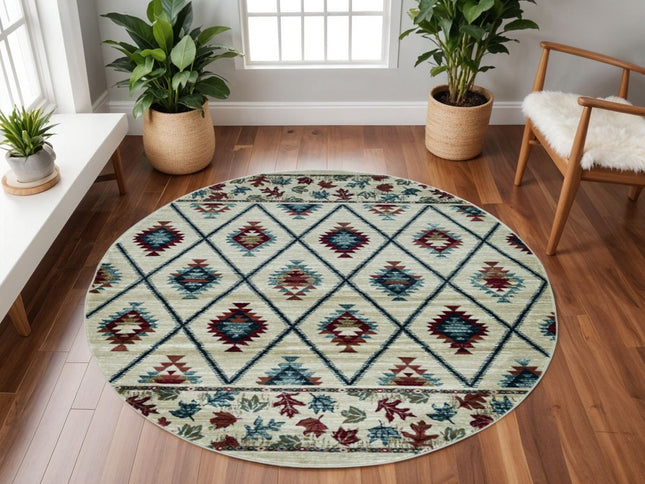 8' Ivory Blue And Red Geometric Round Rug