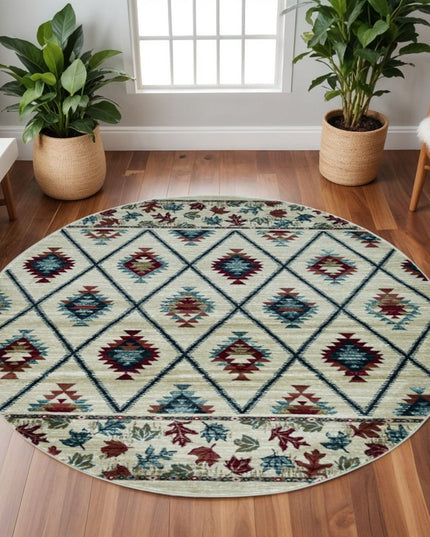 8' Ivory Blue And Red Geometric Round Rug