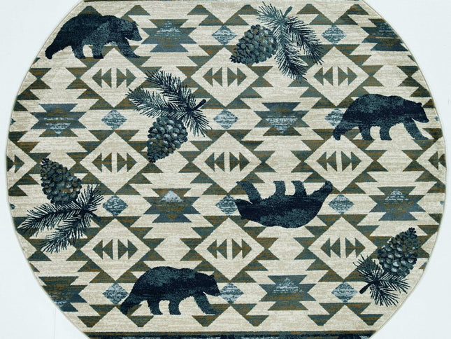 8' Ivory And Blue Southwestern Round Rug