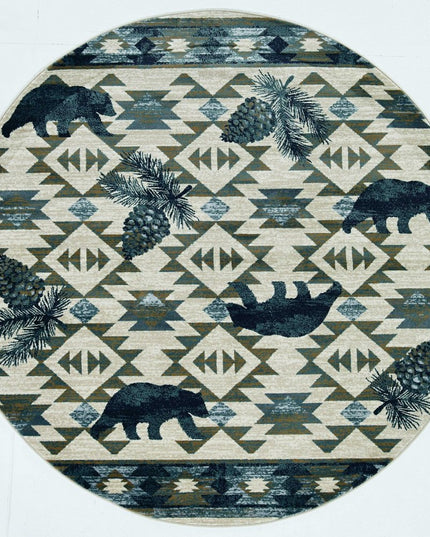 8' Ivory And Blue Southwestern Round Rug