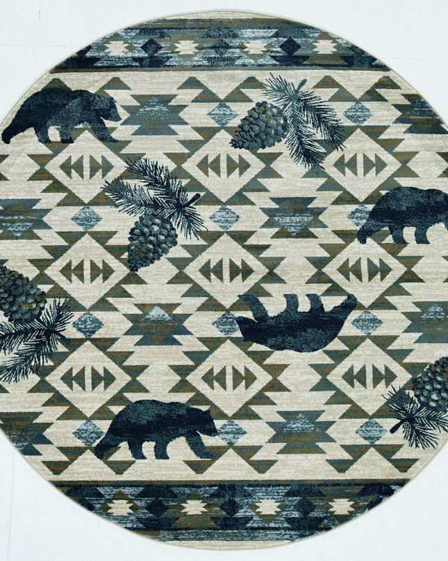 8' Ivory And Blue Southwestern Round Rug