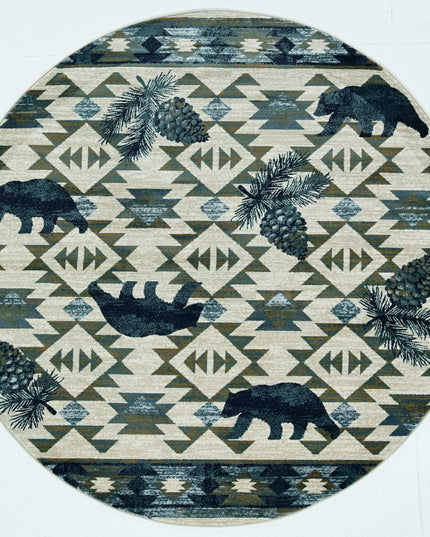 8' Ivory And Blue Southwestern Round Rug