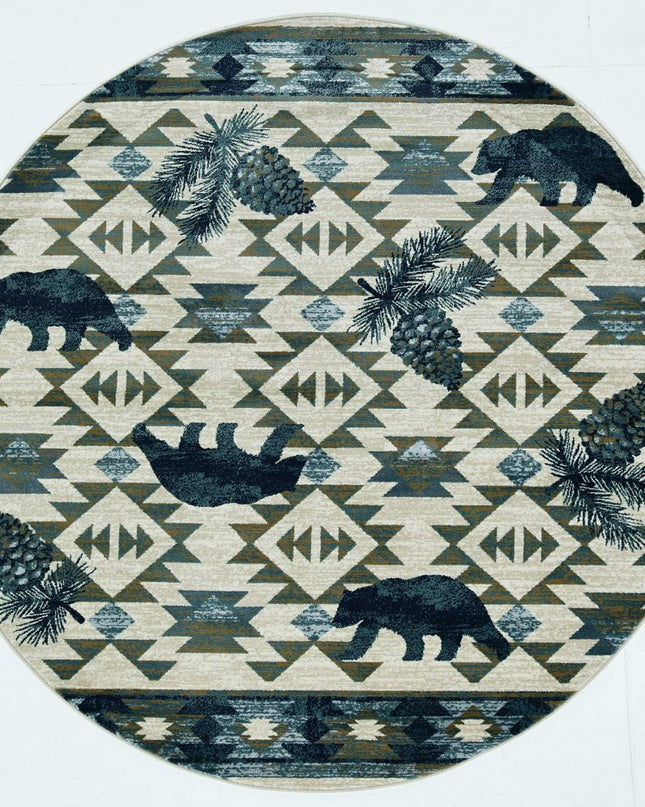 8' Ivory And Blue Southwestern Round Rug