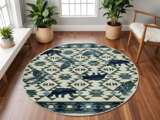 8' Ivory And Blue Southwestern Round Rug