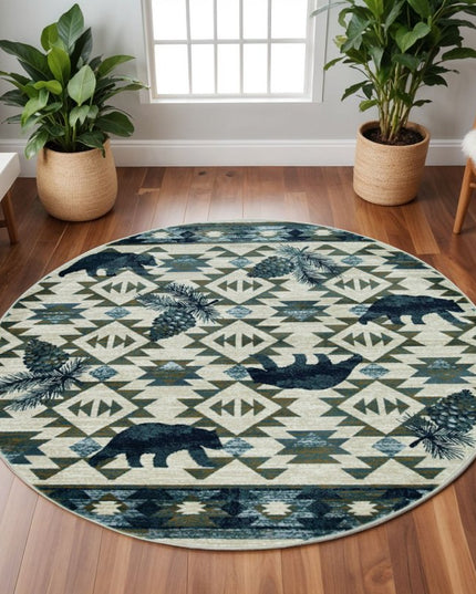 8' Ivory And Blue Southwestern Round Rug