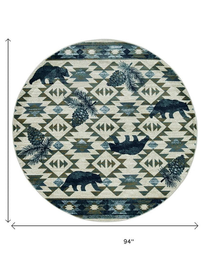 8' Ivory And Blue Southwestern Round Rug