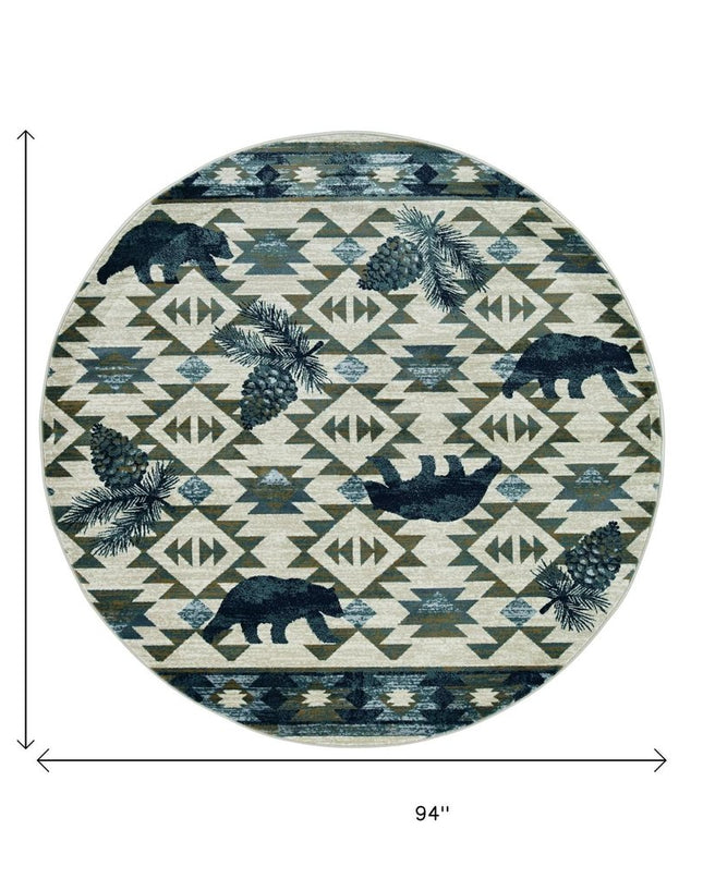 8' Ivory And Blue Southwestern Round Rug