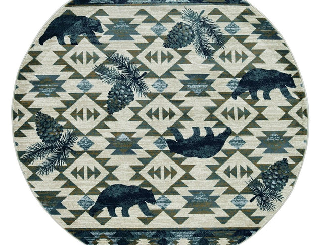 8' Ivory And Blue Southwestern Round Rug