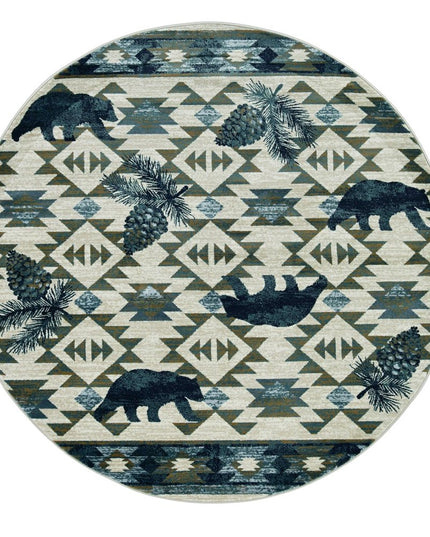 8' Ivory And Blue Southwestern Round Rug