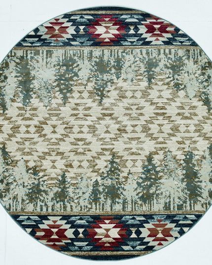 8' Ivory Green And Red Southwestern Round Rug