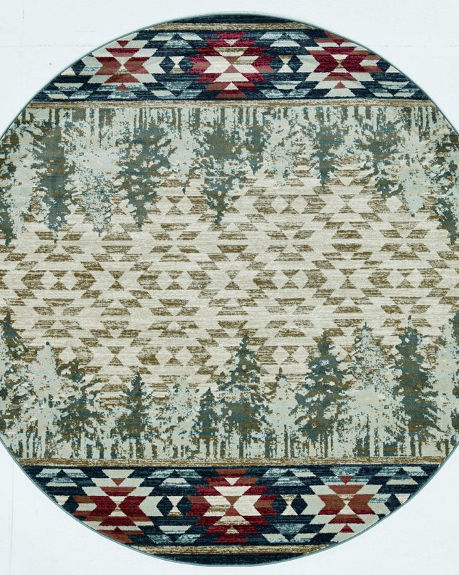 8' Ivory Green And Red Southwestern Round Rug