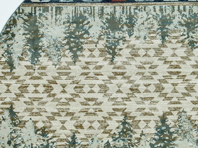 8' Ivory Green And Red Southwestern Round Rug