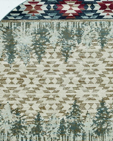 8' Ivory Green And Red Southwestern Round Rug