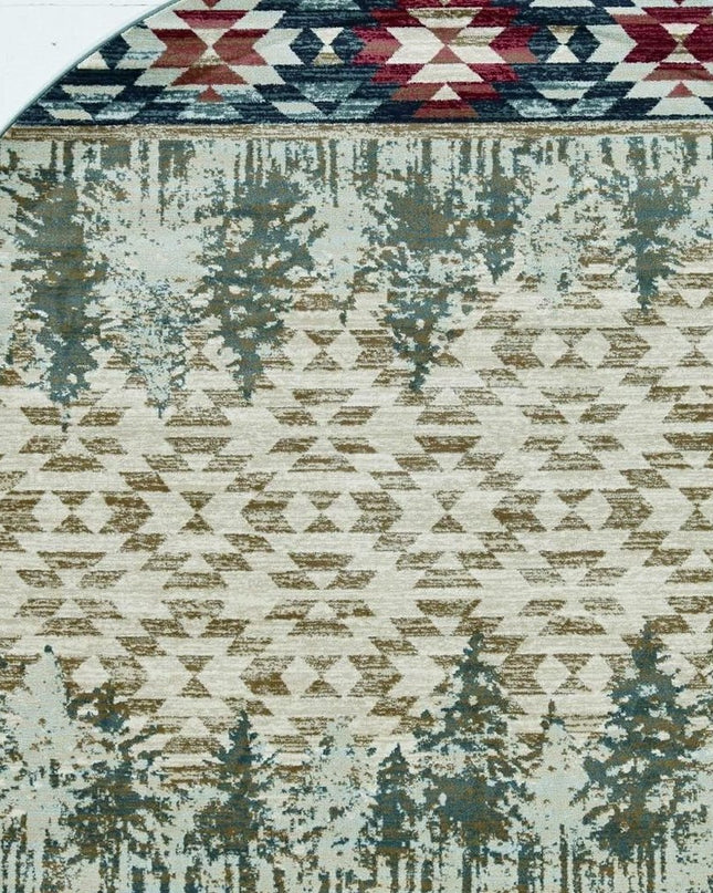 8' Ivory Green And Red Southwestern Round Rug
