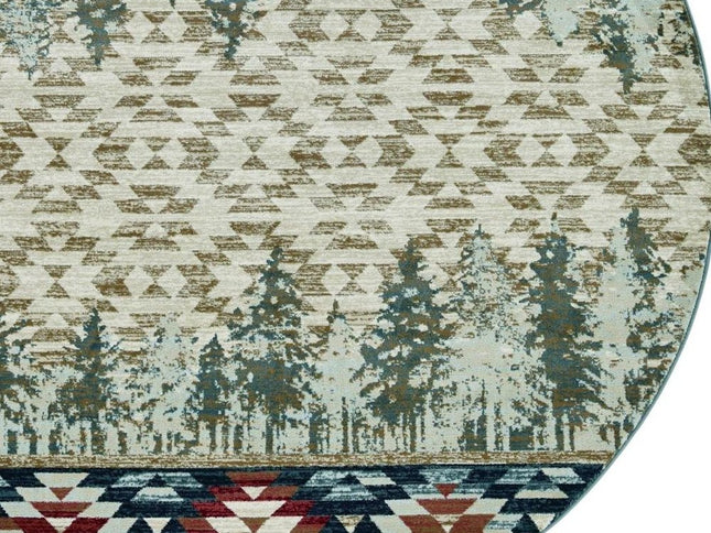 8' Ivory Green And Red Southwestern Round Rug