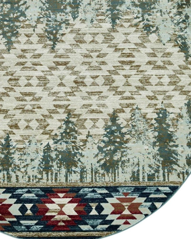 8' Ivory Green And Red Southwestern Round Rug