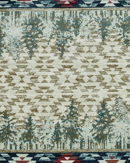 8' Ivory Green And Red Southwestern Round Rug