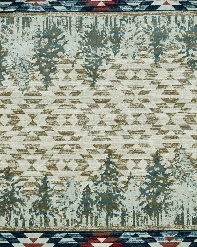 8' Ivory Green And Red Southwestern Round Rug