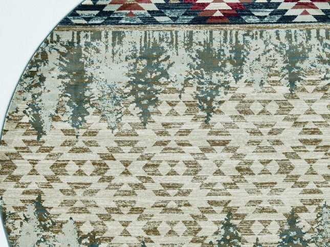 8' Ivory Green And Red Southwestern Round Rug