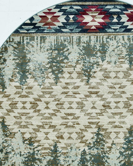 8' Ivory Green And Red Southwestern Round Rug