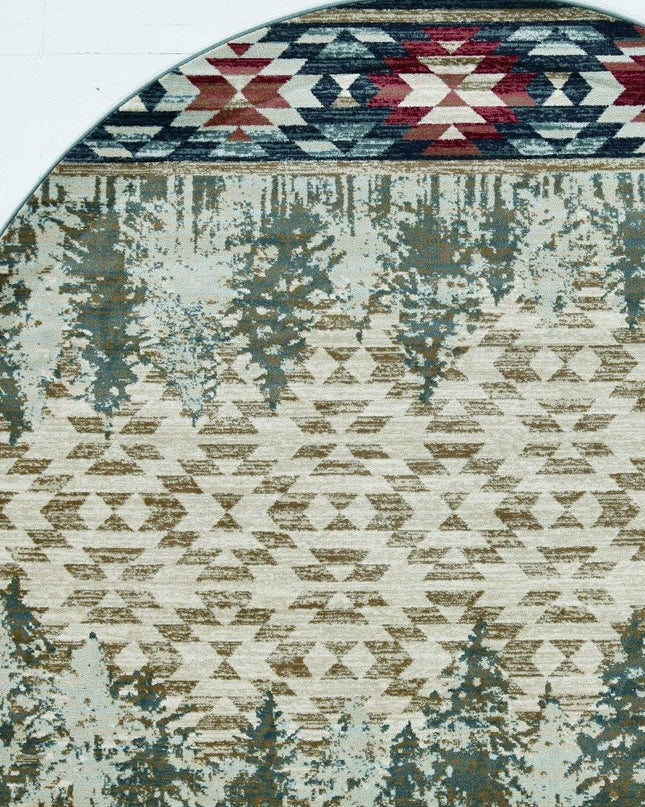 8' Ivory Green And Red Southwestern Round Rug
