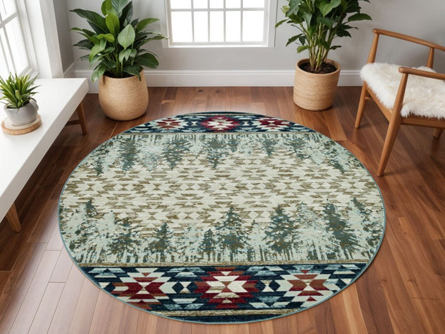 8' Ivory Green And Red Southwestern Round Rug