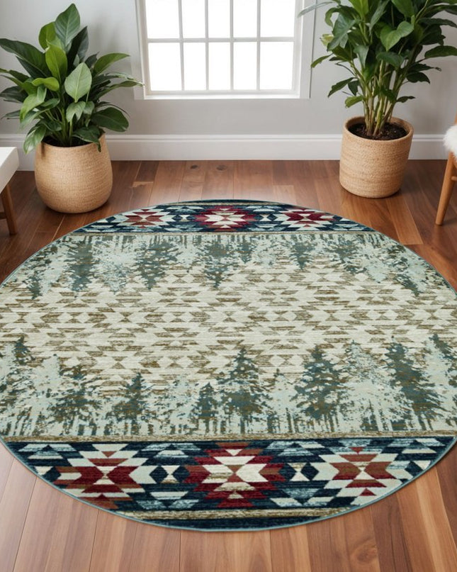 8' Ivory Green And Red Southwestern Round Rug