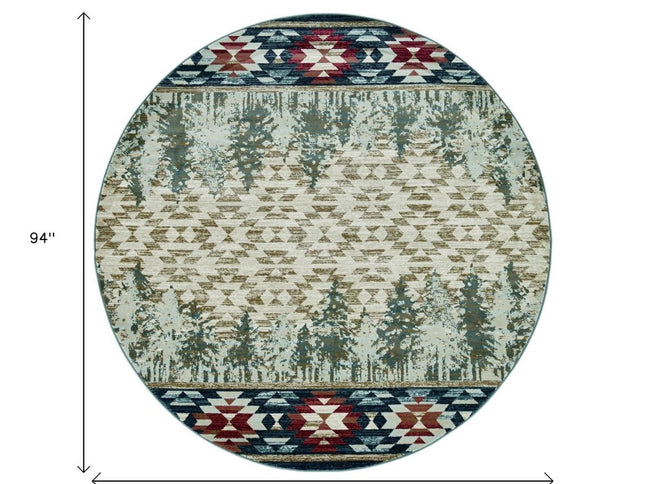 8' Ivory Green And Red Southwestern Round Rug