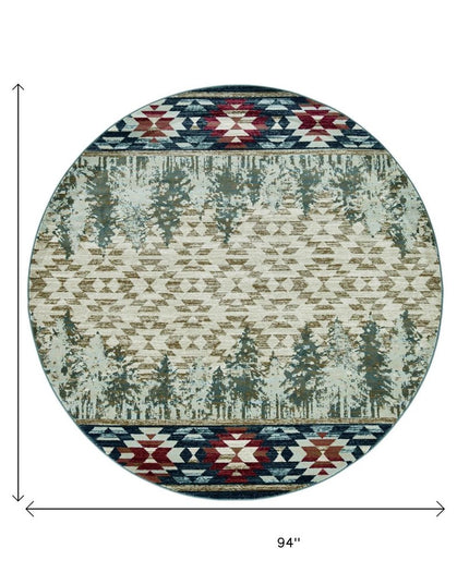 8' Ivory Green And Red Southwestern Round Rug