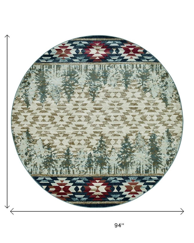 8' Ivory Green And Red Southwestern Round Rug