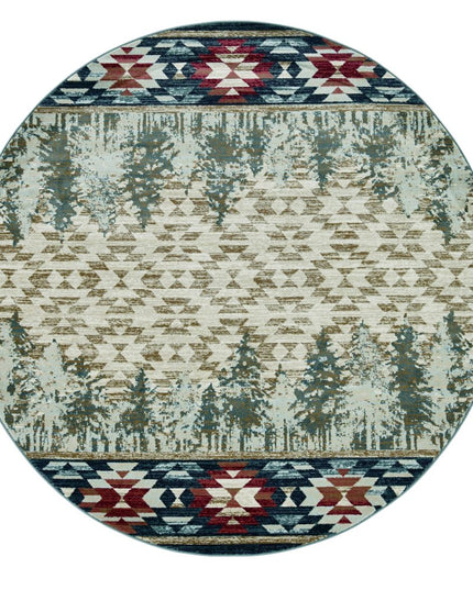 8' Ivory Green And Red Southwestern Round Rug