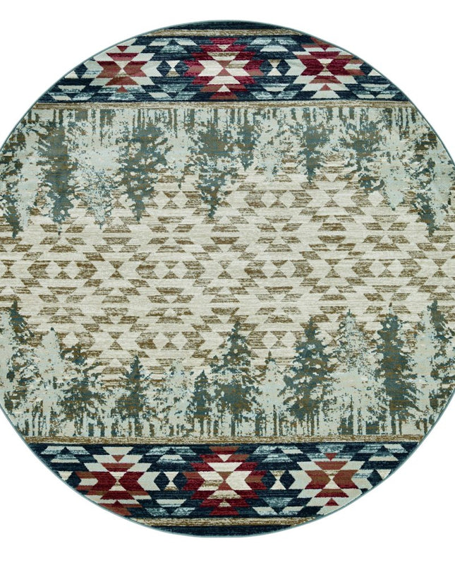 8' Ivory Green And Red Southwestern Round Rug
