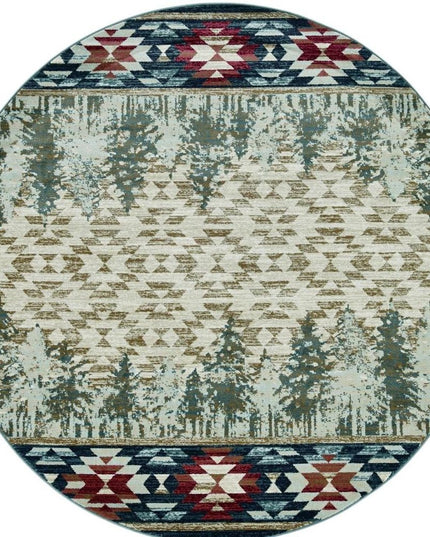 8' Ivory Green And Red Southwestern Round Rug