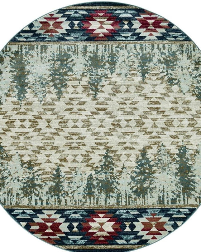 8' Ivory Green And Red Southwestern Round Rug