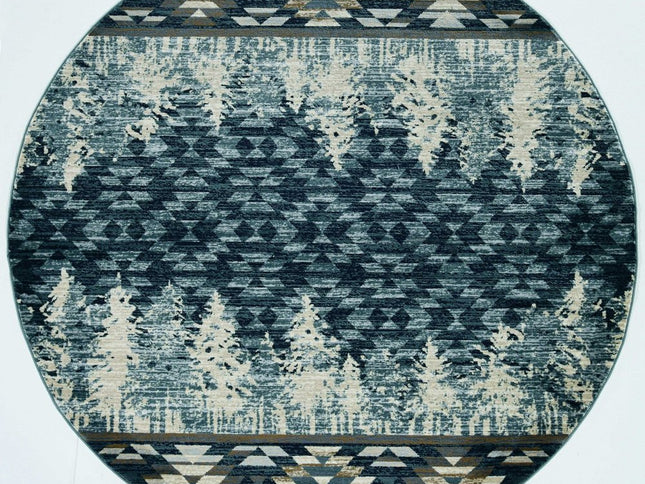 8' Slate Blue And Ivory Southwestern Round Rug