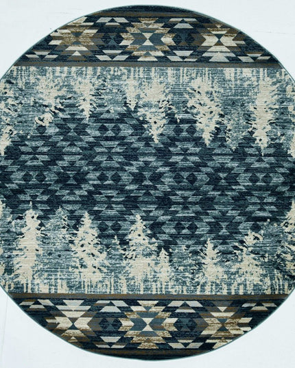 8' Slate Blue And Ivory Southwestern Round Rug