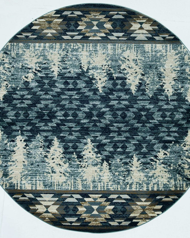 8' Slate Blue And Ivory Southwestern Round Rug